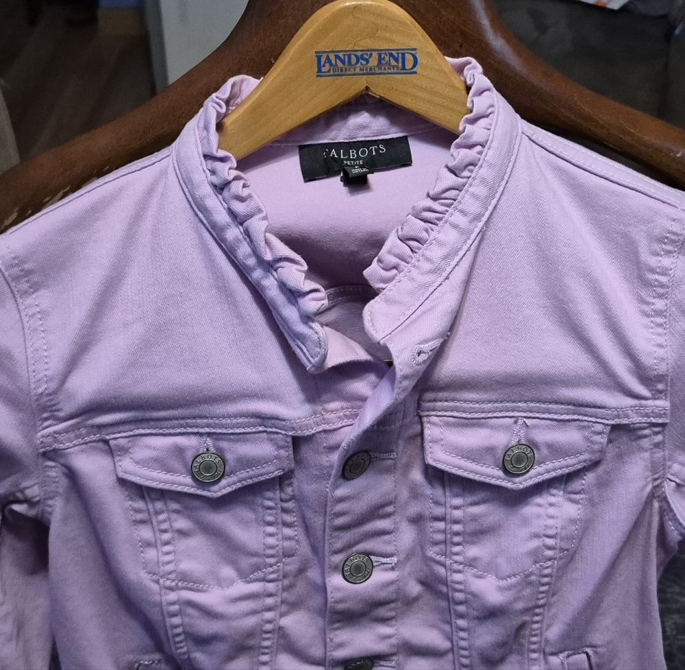 Talbot's Purple Ruffle Neck Denim Jacket - Picture 2 of 11